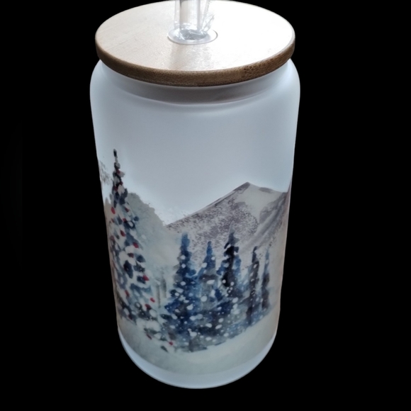 New handmade UVDTF White X-mas - Frosted Glass‎ Cup with Bamboo Lid & Straw - Picture 2 of 10